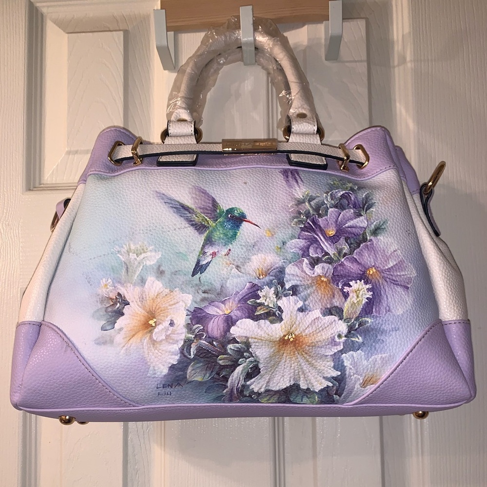 Lena Liu Hummingbird Art Fashion Handbag With Golden Plaque/unique/NWOT